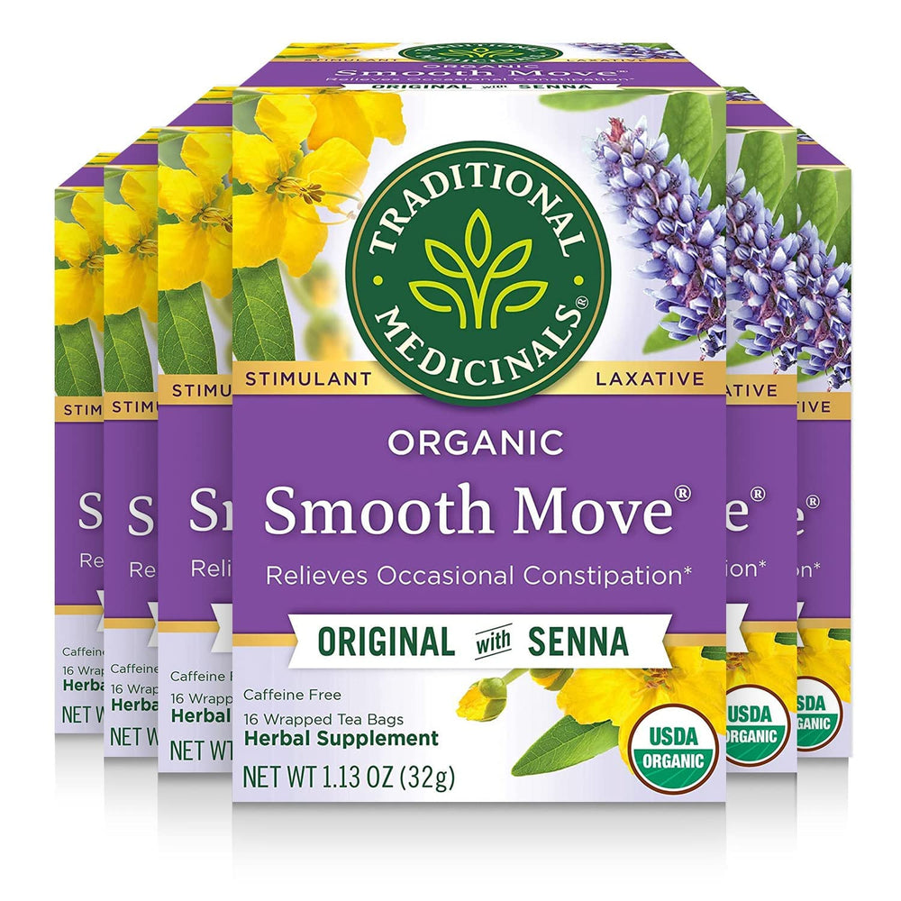 Traditional Medicinals Smooth Move tea bags in a box for a gentle evening routine.