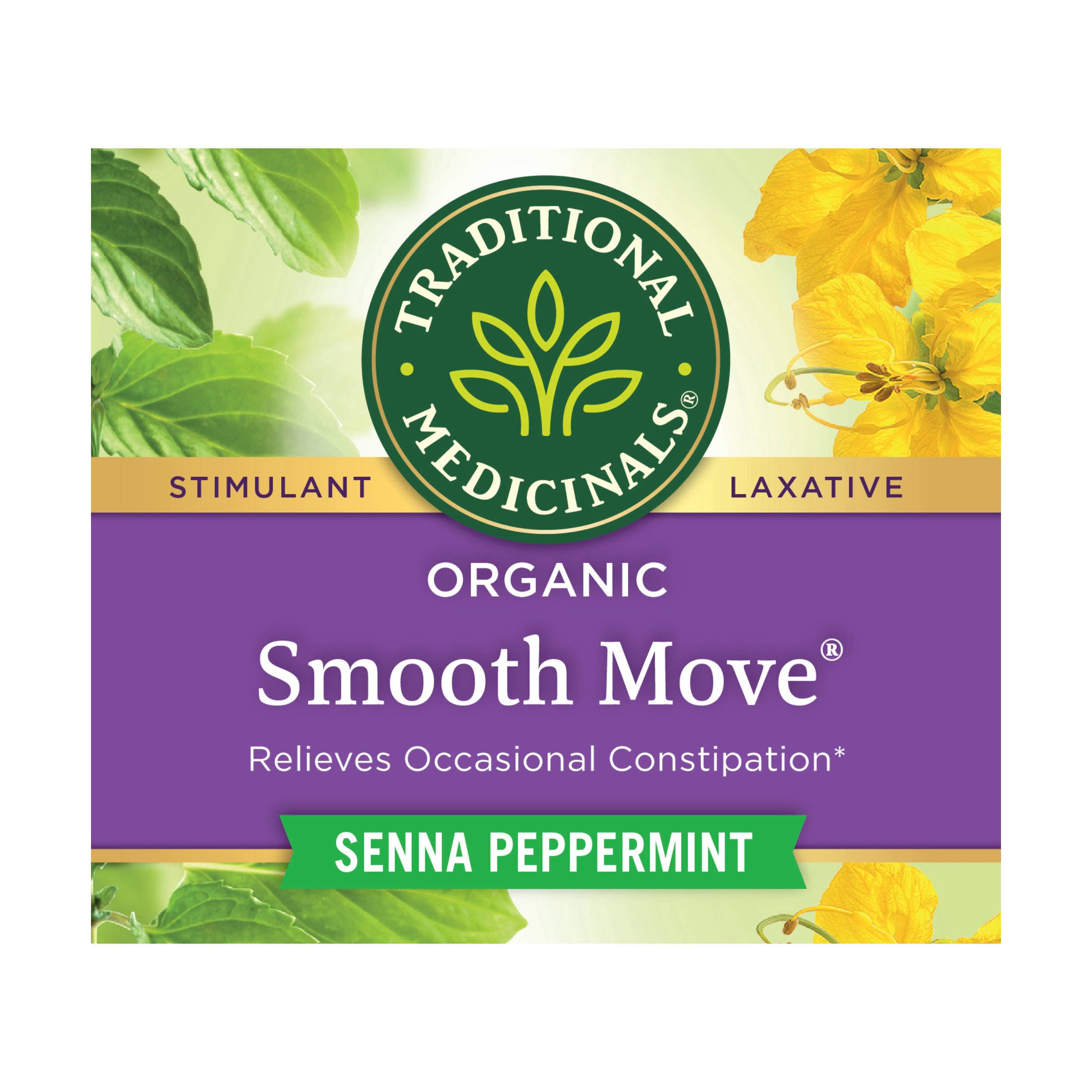 Traditional Medicinals Smooth Move tea cup steaming at bedtime for gentle relief