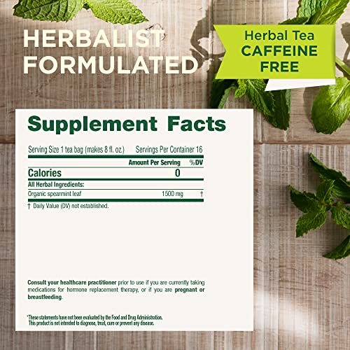 A mug shows Traditional Medicinals Spearmint tea steeping with a fragrant aroma.