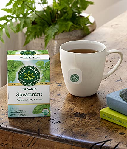 A mug of Traditional Medicinals Spearmint Tea ready to sip.