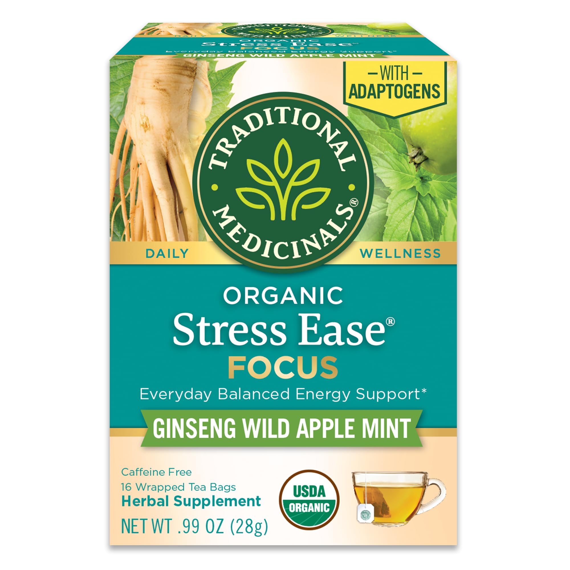 Traditional Medicinals Stress Ease Focus tea bag in cup for calm, alert afternoons.