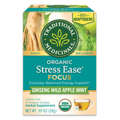 Traditional Medicinals Stress Ease Focus tea bag in cup for calm, alert afternoons.