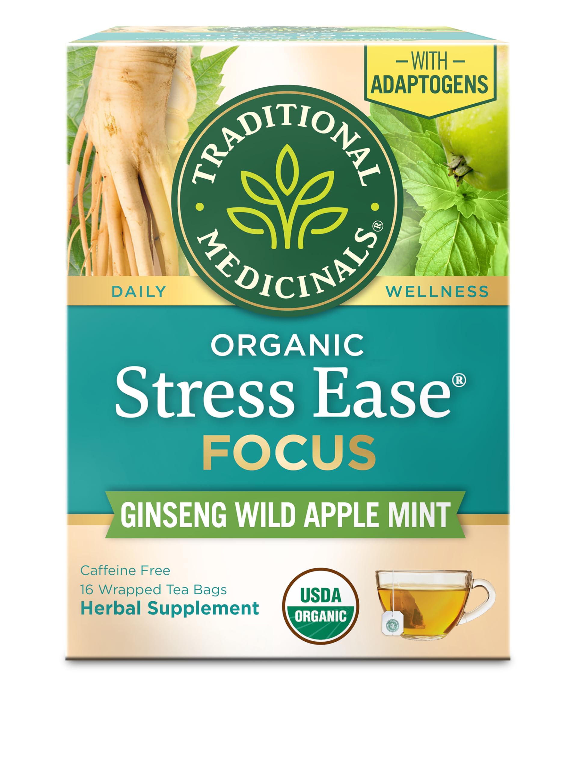 Traditional Medicinals Stress Ease Focus tea bag steeping for calm focus.
