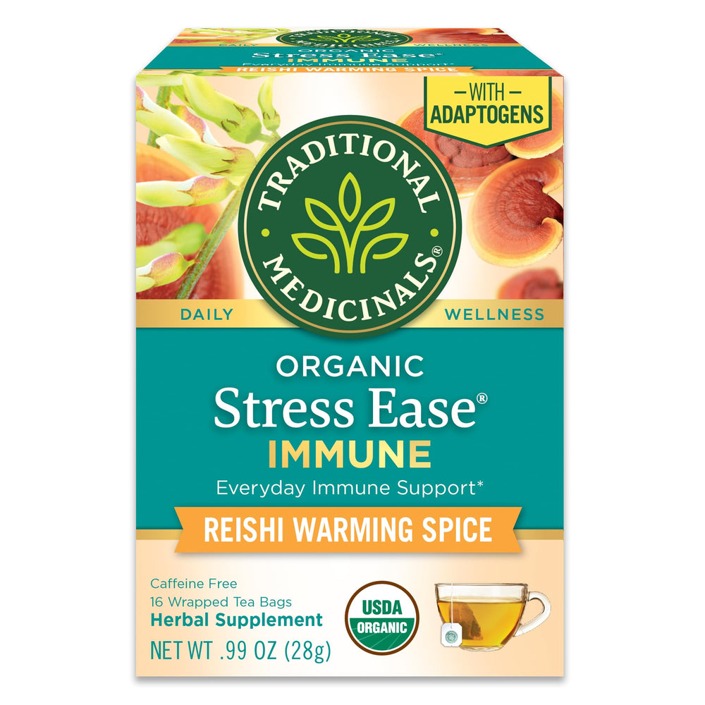 Traditional Medicinals Stress Ease Immune tea bags ready for a calming moment.