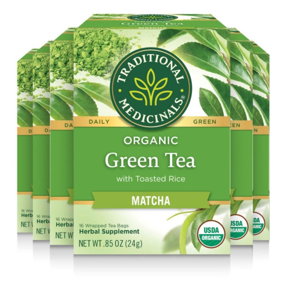 Traditional Medicinals green tea matcha genmaicha tea bag closeup with earthy aroma