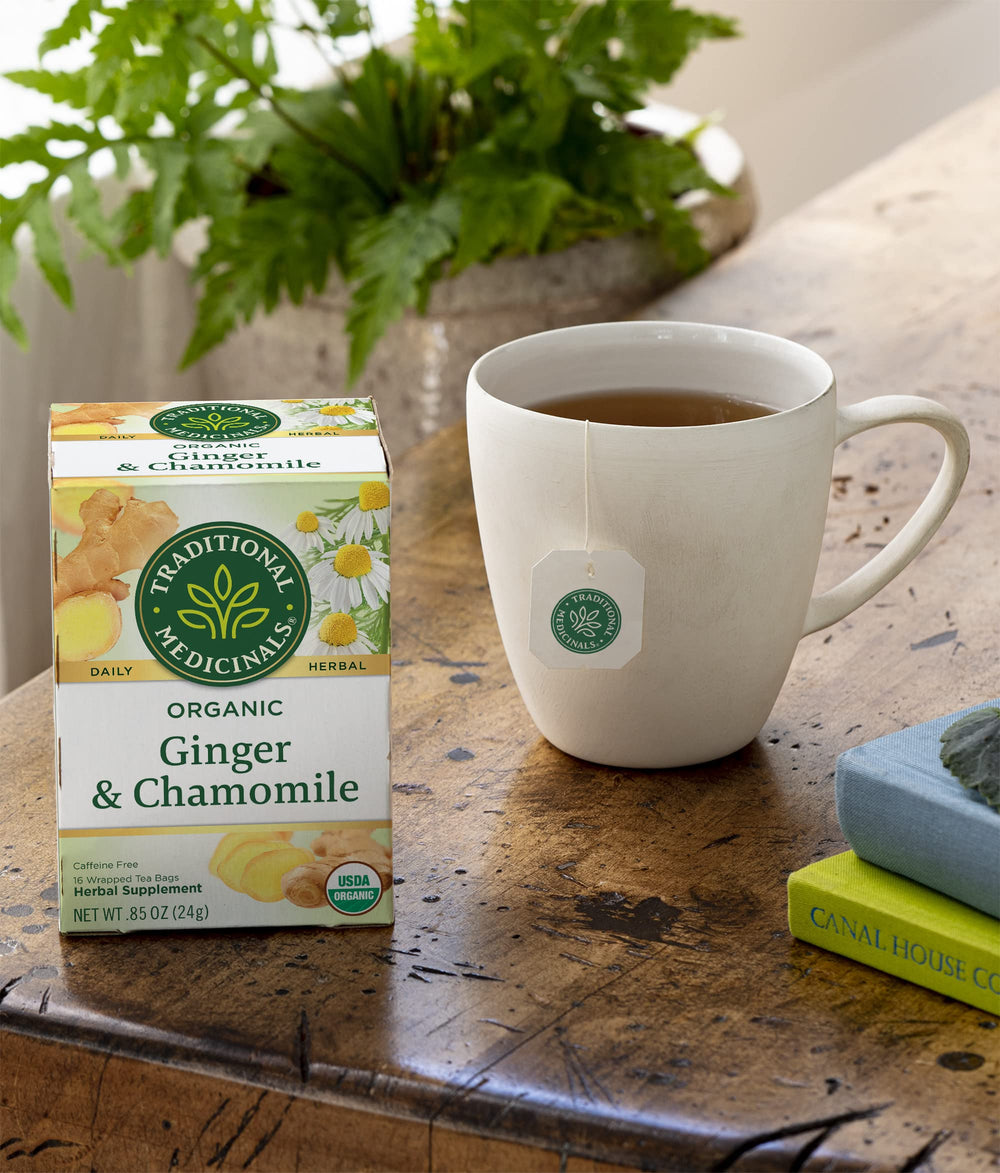 Traditional Medicinals tea bag on a saucer for a calming break.