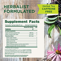 Traditional Medicinals tea in a cup shows fragrant brew with sweet-tart berry notes.