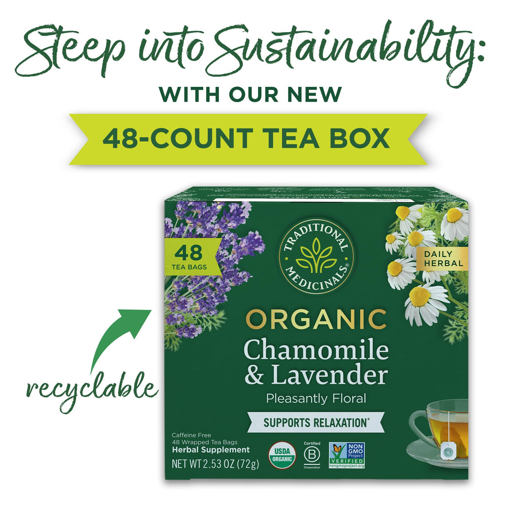 Traditional Medicinals chamomile and lavender blossoms highlight floral aroma