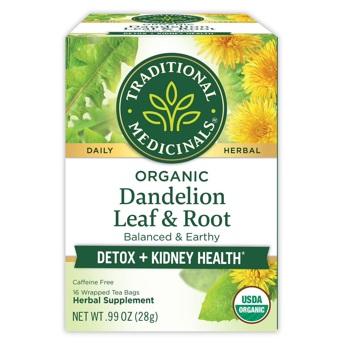 Traditional Medicinals dandelion tea box front showing organic blend for digestion support.