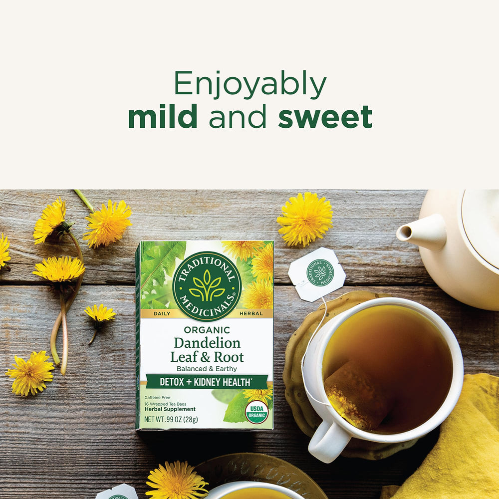 Traditional Medicinals dandelion tea cup with brewed infusion highlighting kidney-friendly notes.