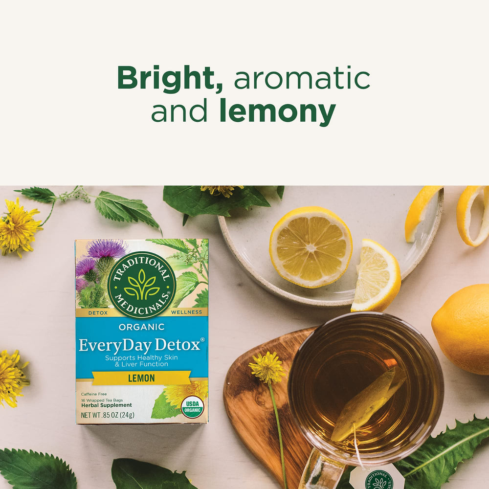 Traditional Medicinals Everyday Detox Lemon brew cup captures bright lemon aroma.
