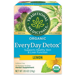 Traditional Medicinals Everyday Detox Lemon packaging shows an organic blend for daily refresh.