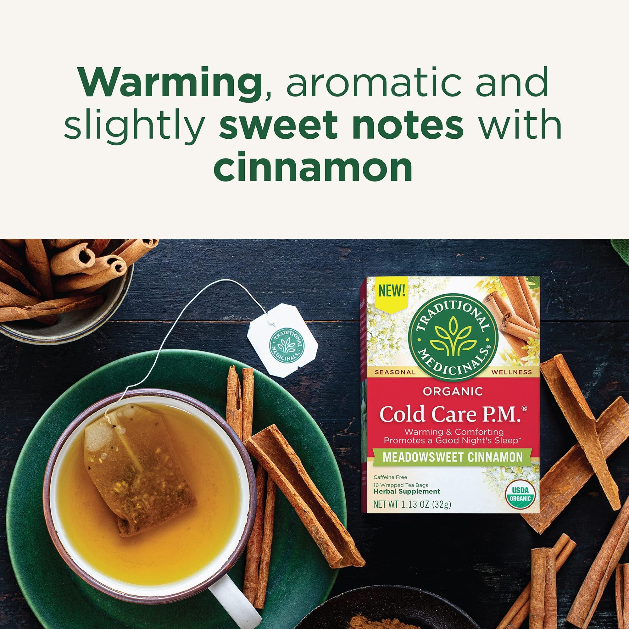 Traditional Medicinals tea ingredients highlight elderflower, yarrow, and peppermint.