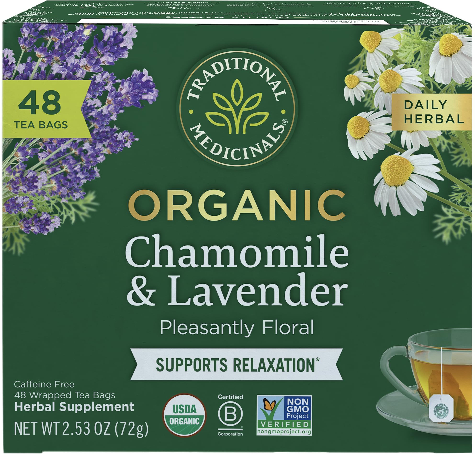 Traditional Medicinals tea box with organic chamomile and lavender for calm