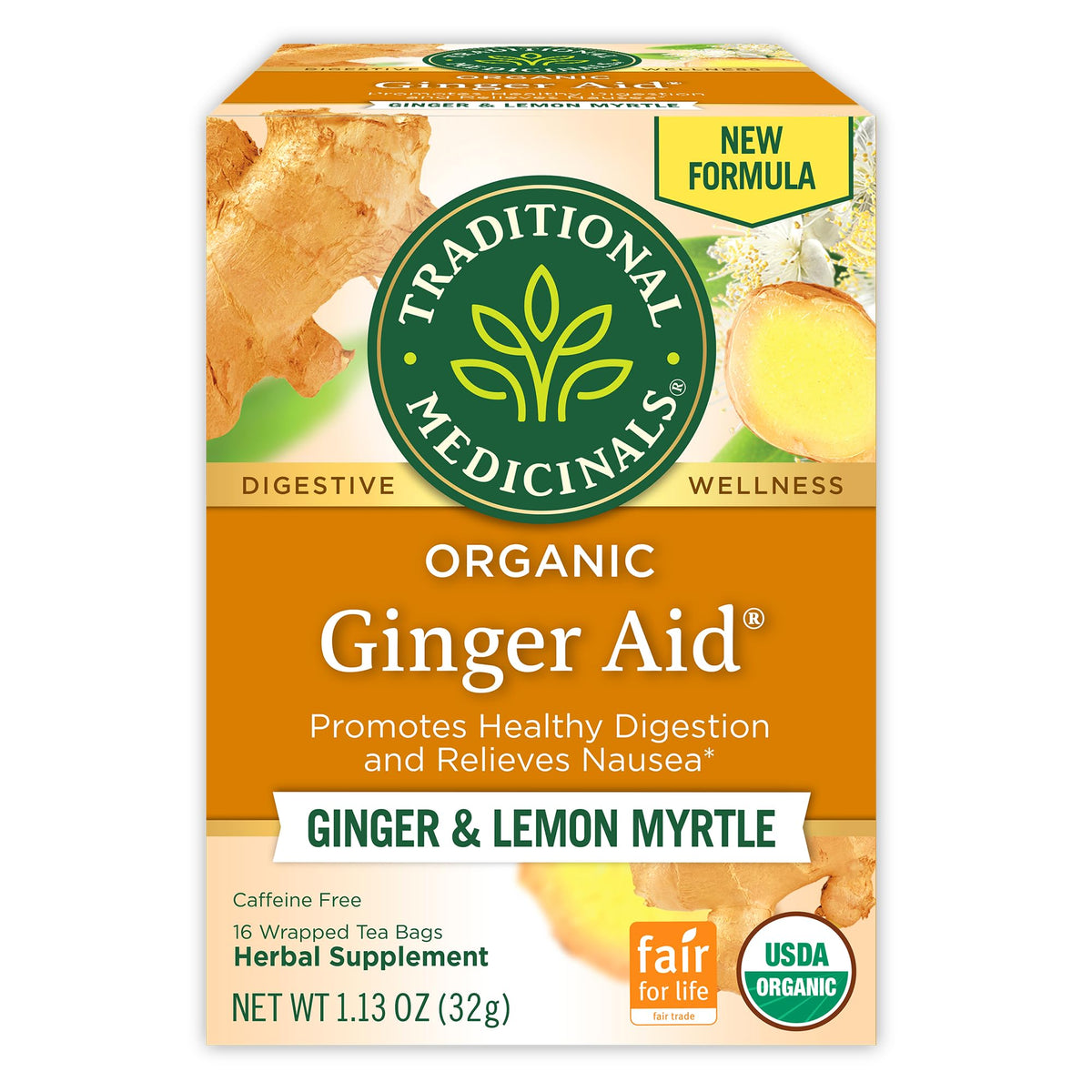 Traditional Medicinals Organic Ginger Aid box with 16 tea bags for post-meal comfort