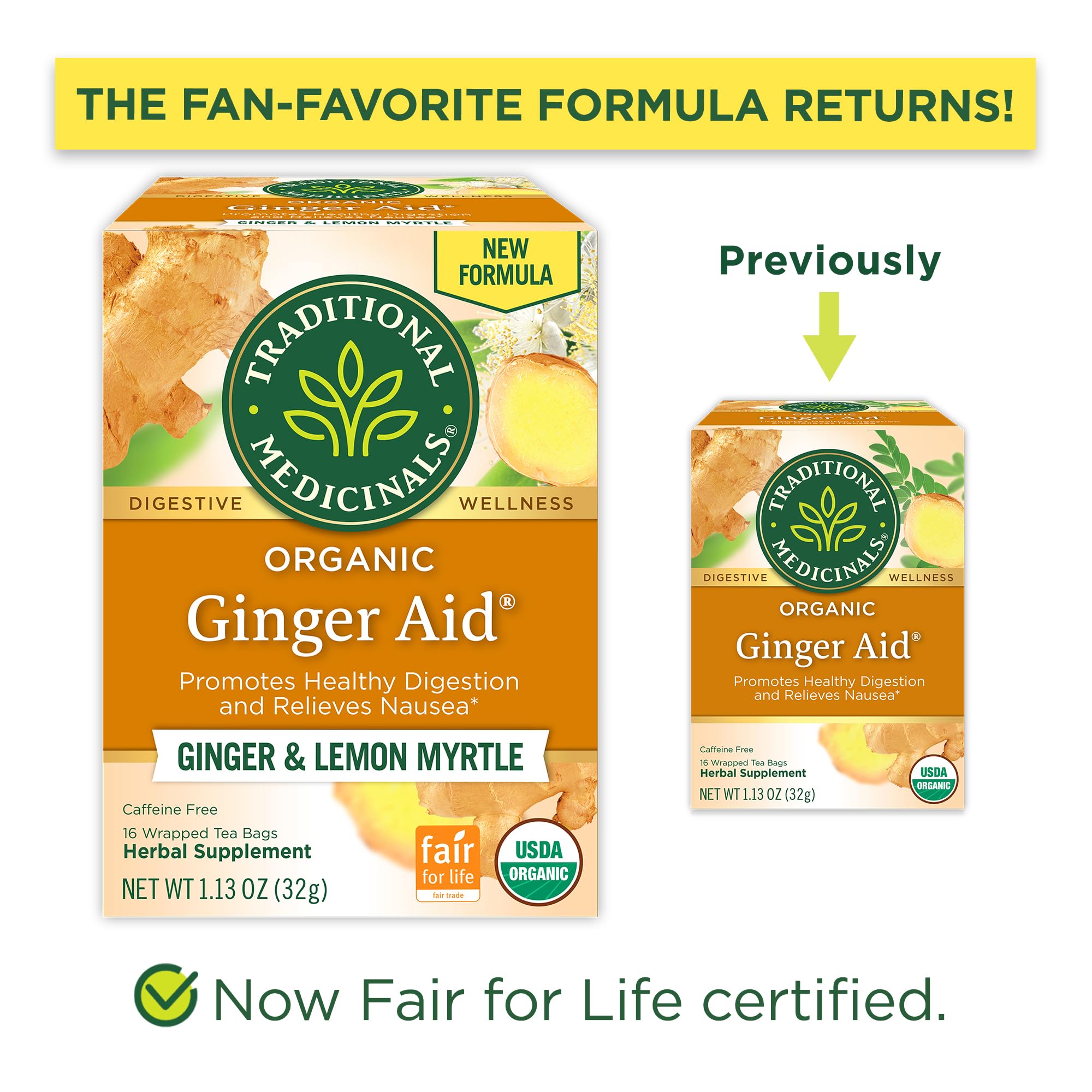 Traditional Medicinals Organic Ginger Aid tea bags arranged for a cozy digestion boost