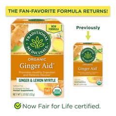 Traditional Medicinals Organic Ginger Aid tea bags arranged for a cozy digestion boost