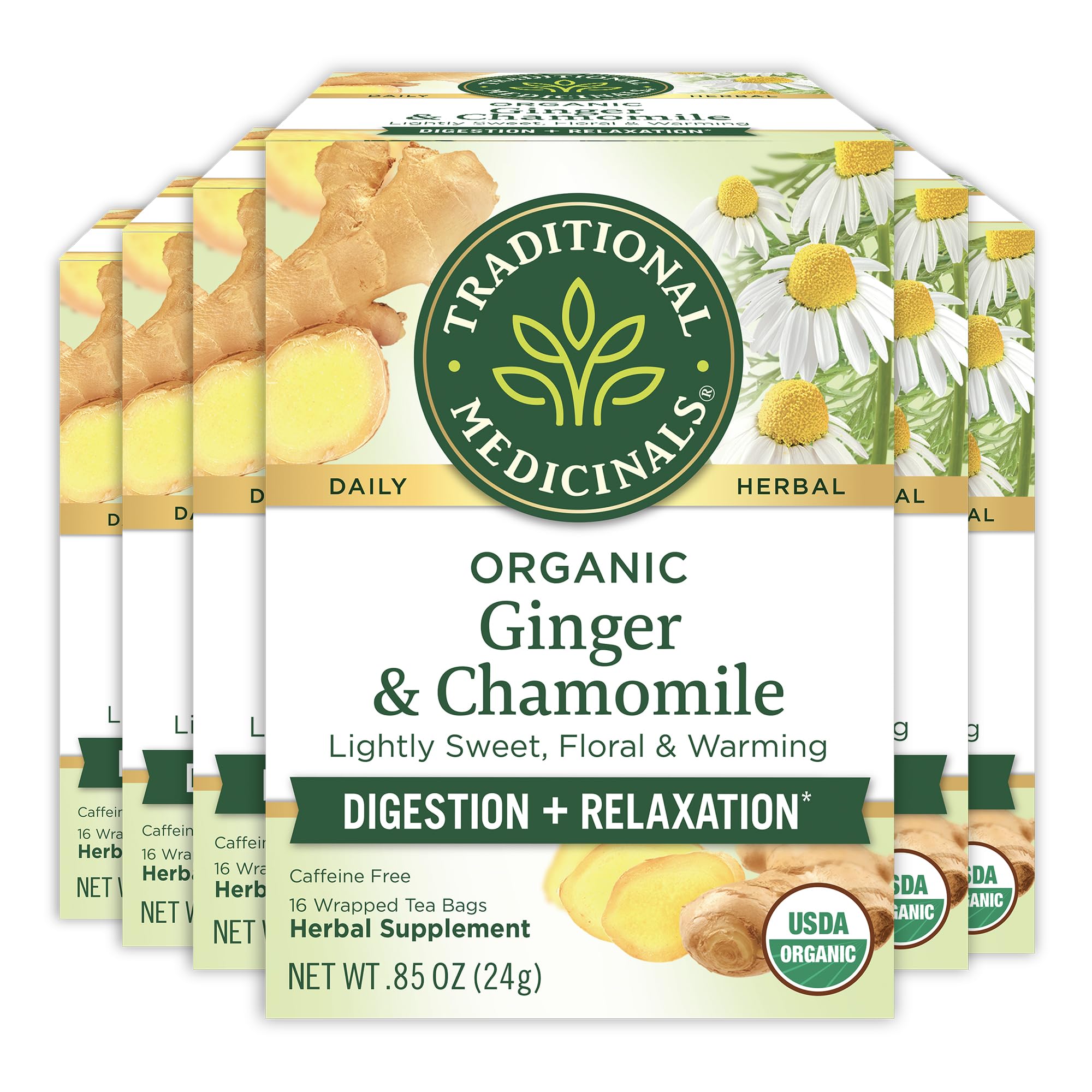 Traditional Medicinals Ginger and Chamomile box front, inviting aroma and warmth.