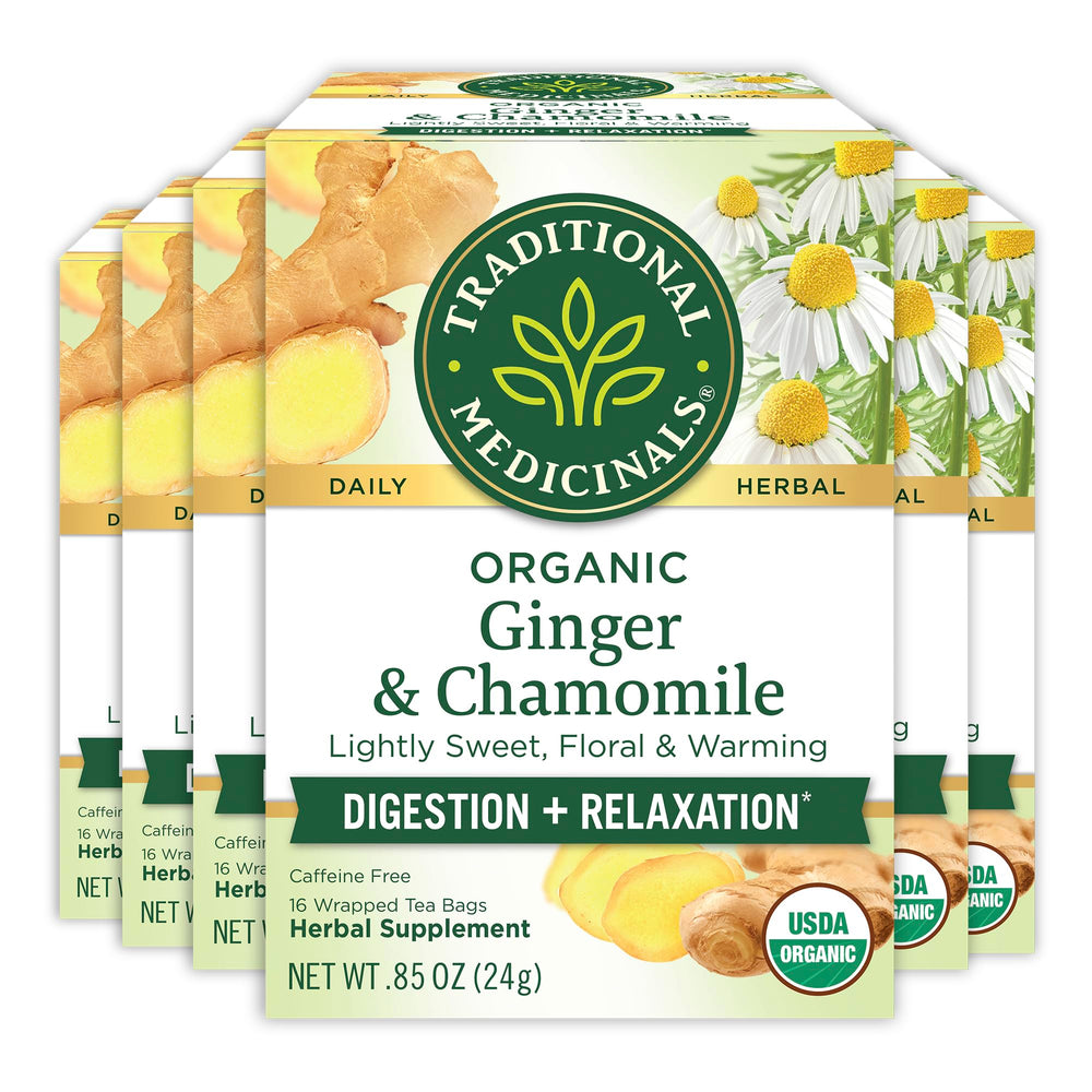 Traditional Medicinals Ginger and Chamomile box front, inviting aroma and warmth.