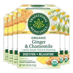 Traditional Medicinals Ginger and Chamomile box front, inviting aroma and warmth.