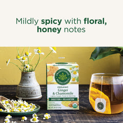 Package closeup of Traditional Medicinals ginger and chamomile packaging.