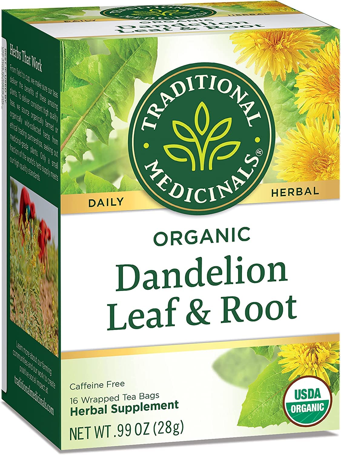 Traditional Medicinals tea packaging box with clear labeling and organic promise.