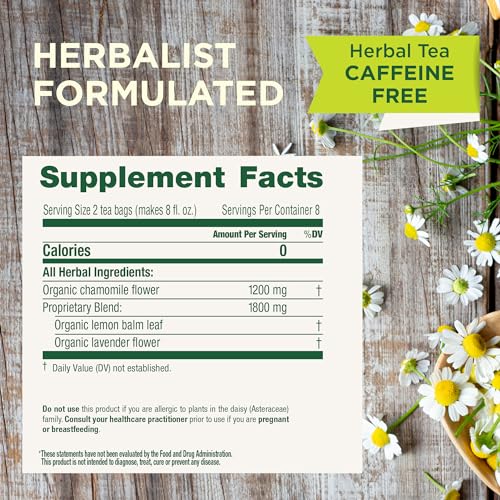 Traditional Medicinals tea cup steeping shows chamomile and lavender infusion for relaxation