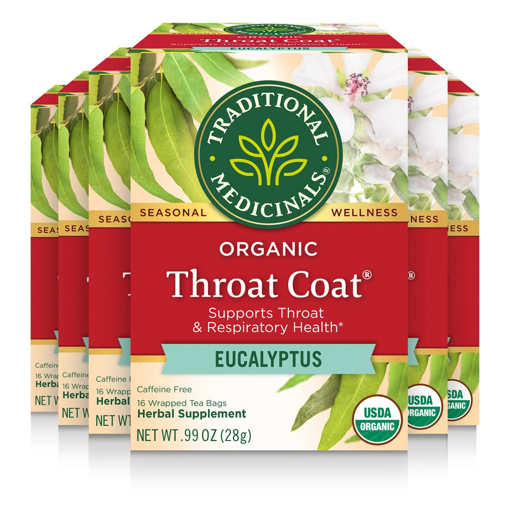Traditional Medicinals Throat Coat eucalyptus tea bags support throat comfort and respiratory well-being.