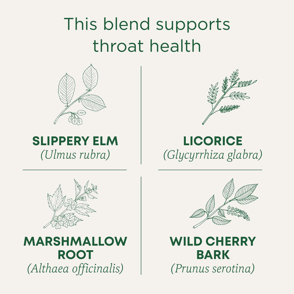 Traditional Medicinals Throat Coat label close-up emphasizing slippery elm heritage
