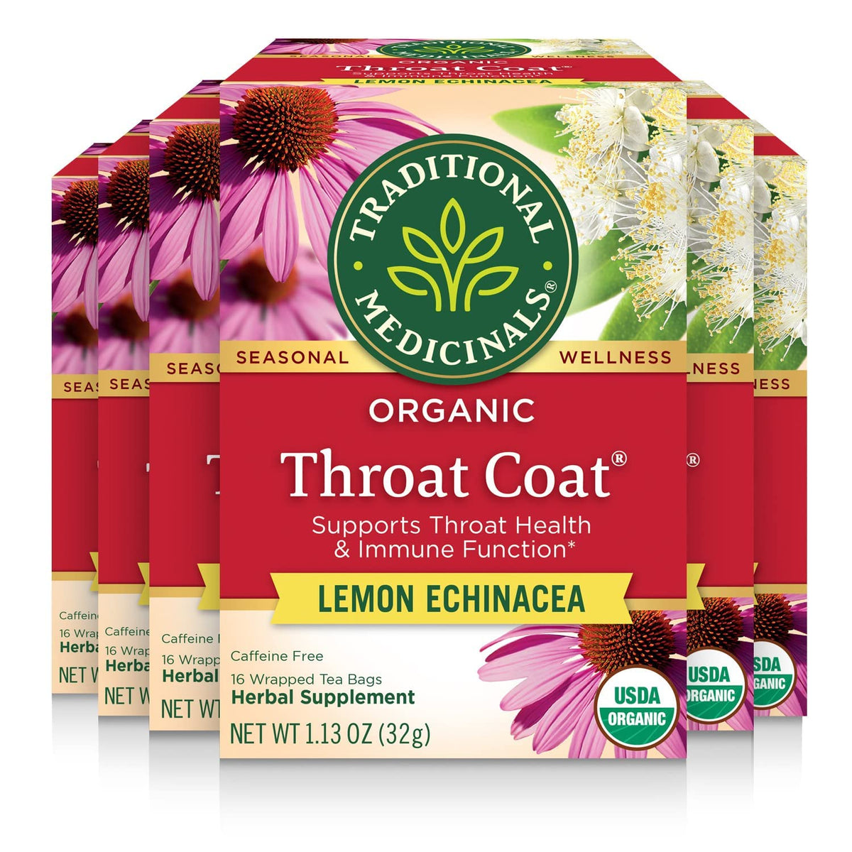 Traditional Medicinals Throat Coat lemon echinacea tea bags for soothing throat comfort.