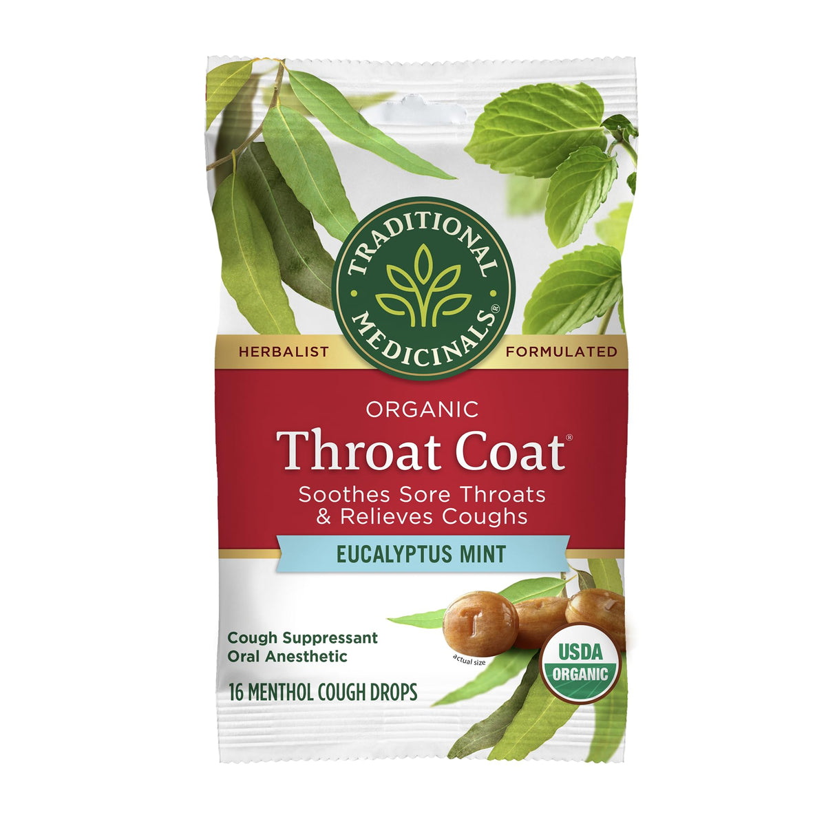 Traditional Medicinals Throat Coat lozenges in packaging for on-the-go throat support.