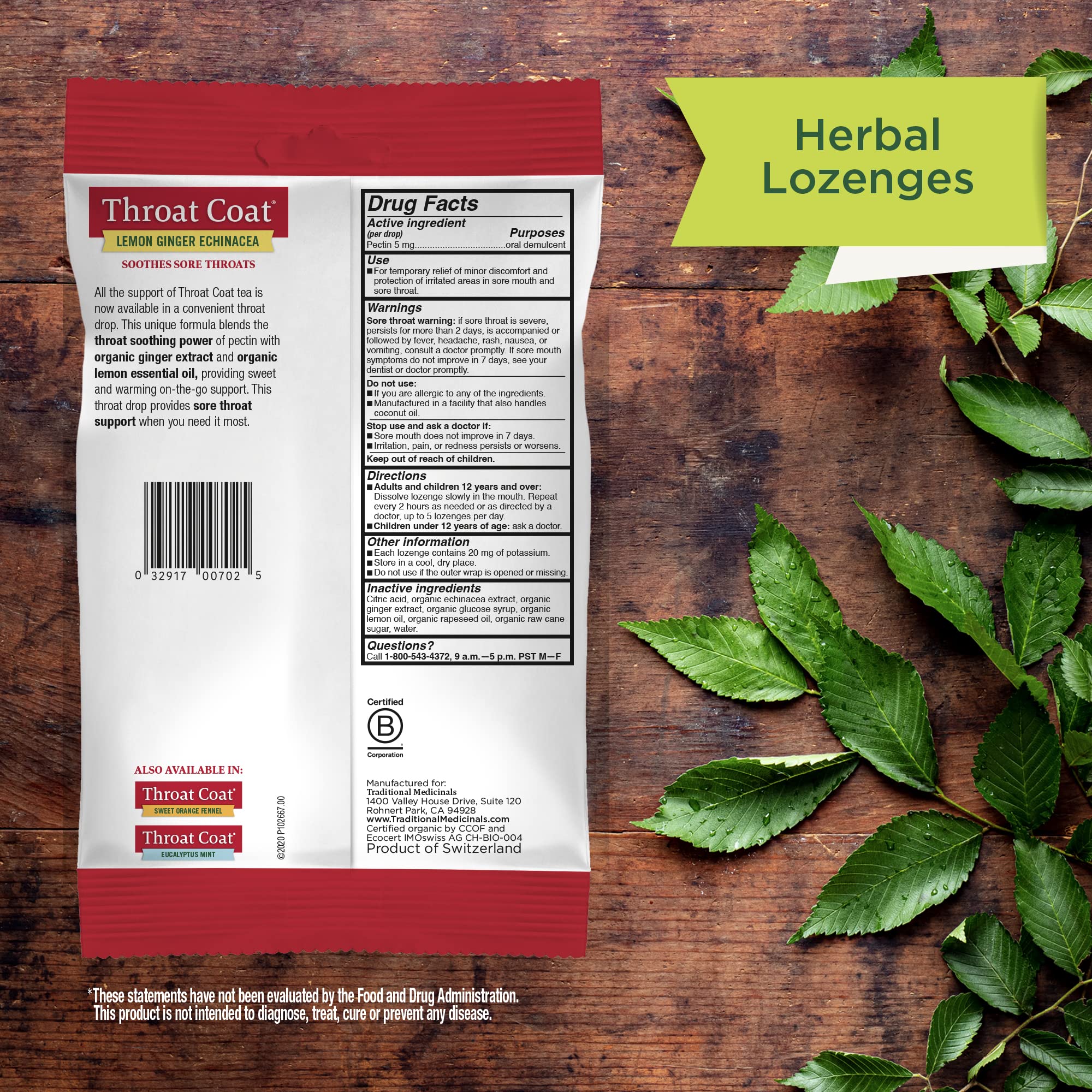Traditional Medicinals ingredients label shows licorice and marshmallow root, organic blends and throat-friendly herbs