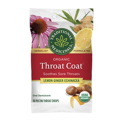 Traditional Medicinals throat coat lozenges lemon ginger echinacea package on shelf for on-the-go relief
