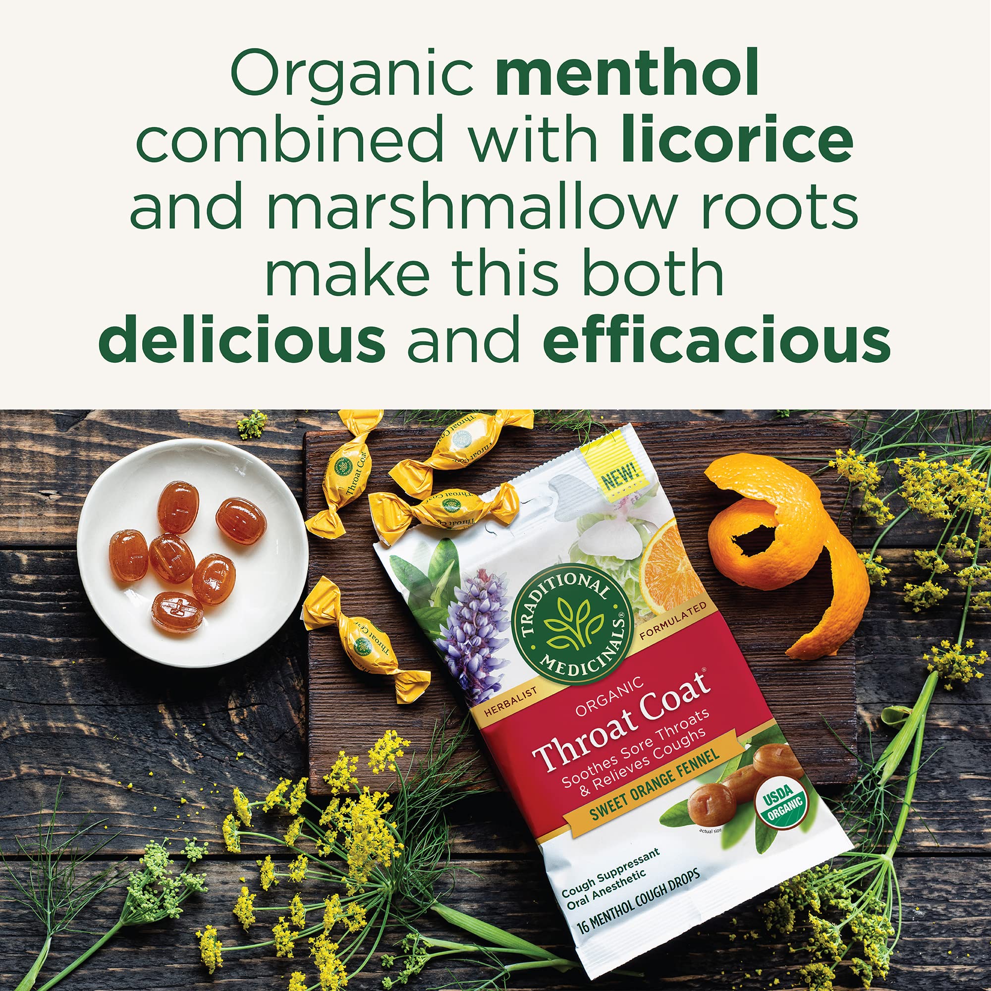 Organic label and packaging of Traditional Medicinals Throat Coat lozenges.
