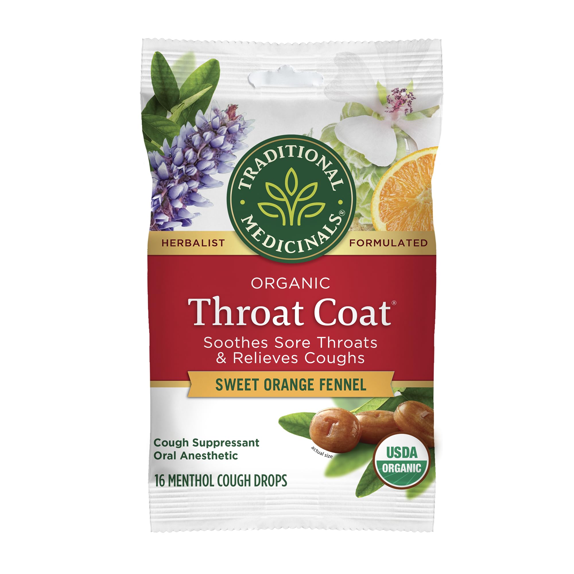 Traditional Medicinals Throat Coat lozenges with Sweet Orange Fennel, soothing on the go.