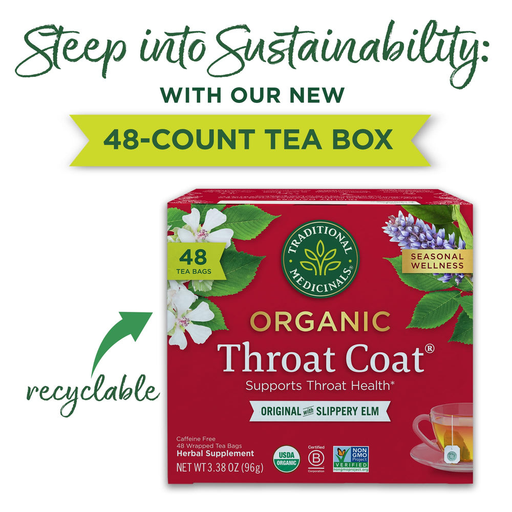 Traditional Medicinals Throat Coat packaging label highlighting organic and fair wild certifications