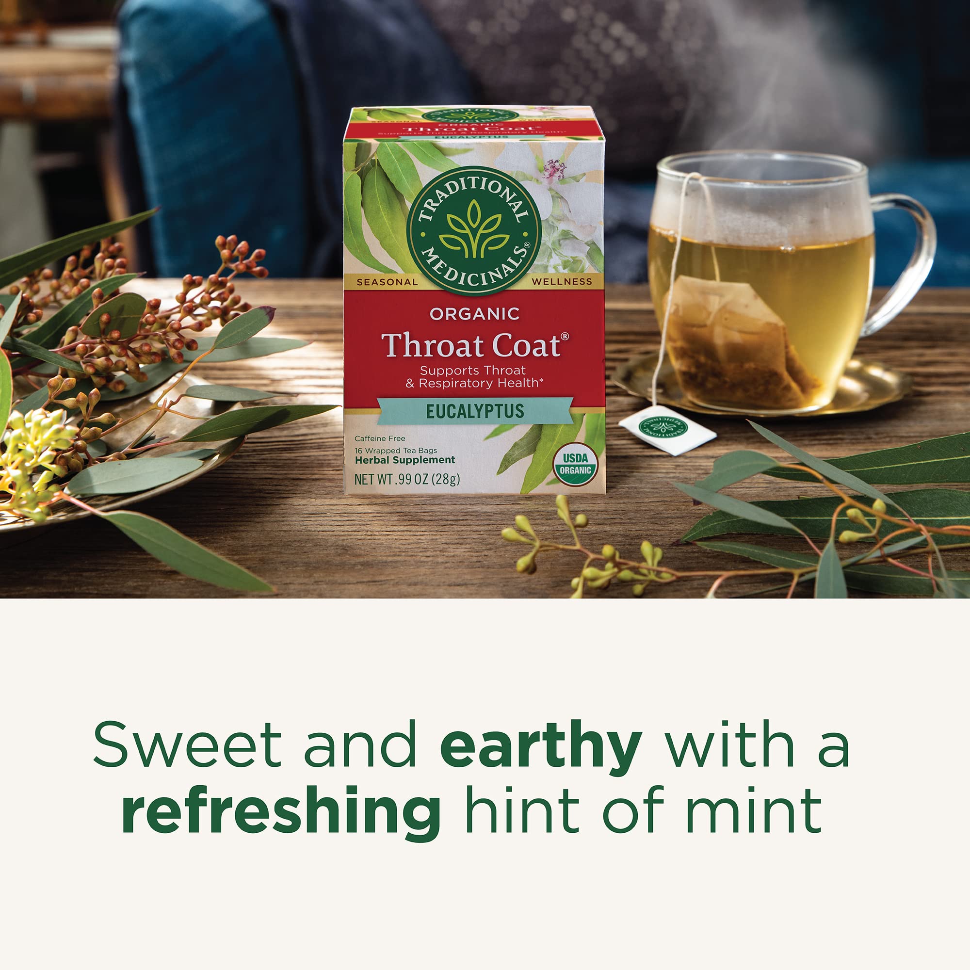 Traditional Medicinals Throat Coat slippery elm bark offers soothing throat passages.