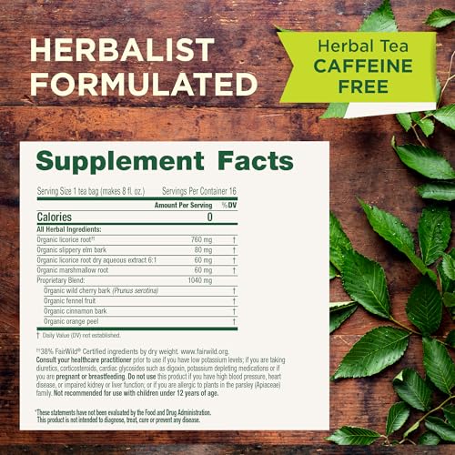 Traditional Medicinals Throat Coat tea bags close-up with herbal notes and silky texture