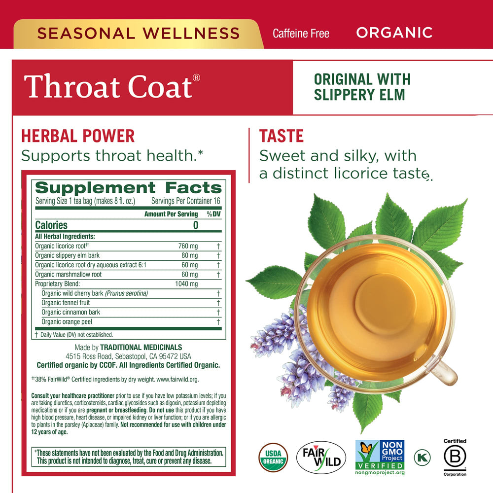 Traditional Medicinals Throat Coat tea bags offering soothing comfort for conversations