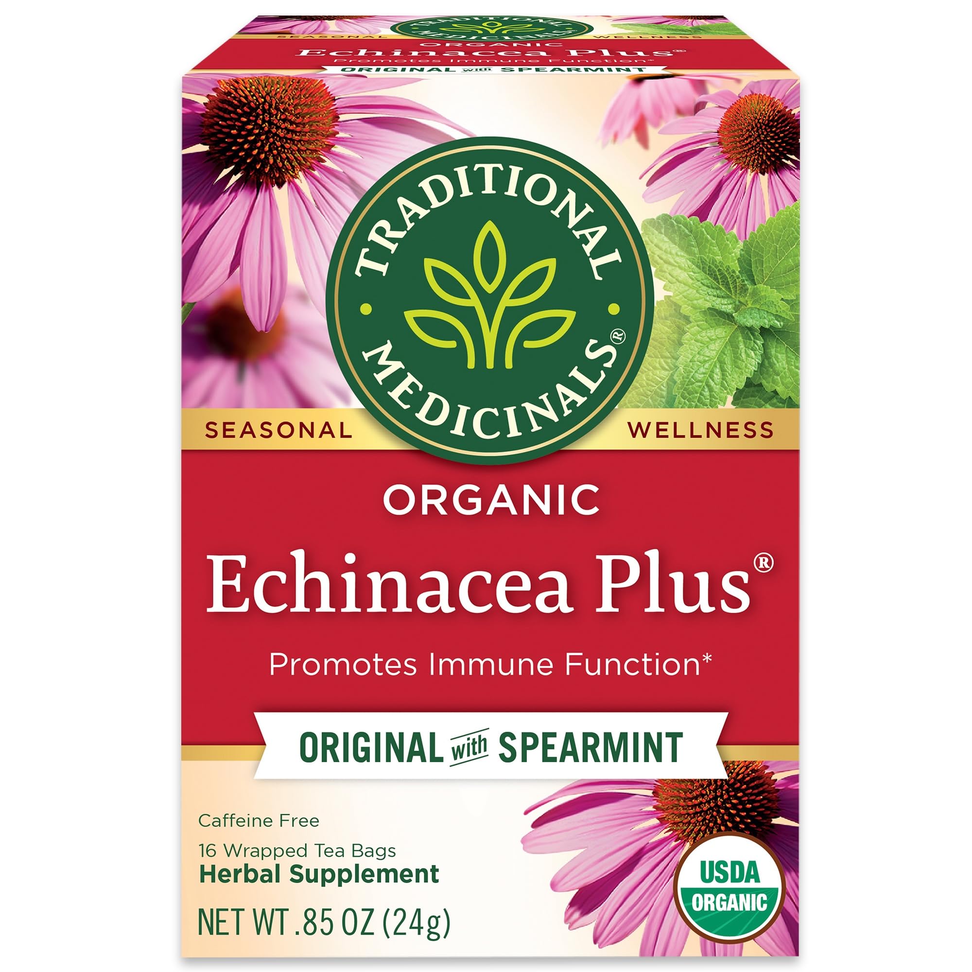 Traditional Medicinals Throat Coat tea bags in a cup, offering soothing comfort.