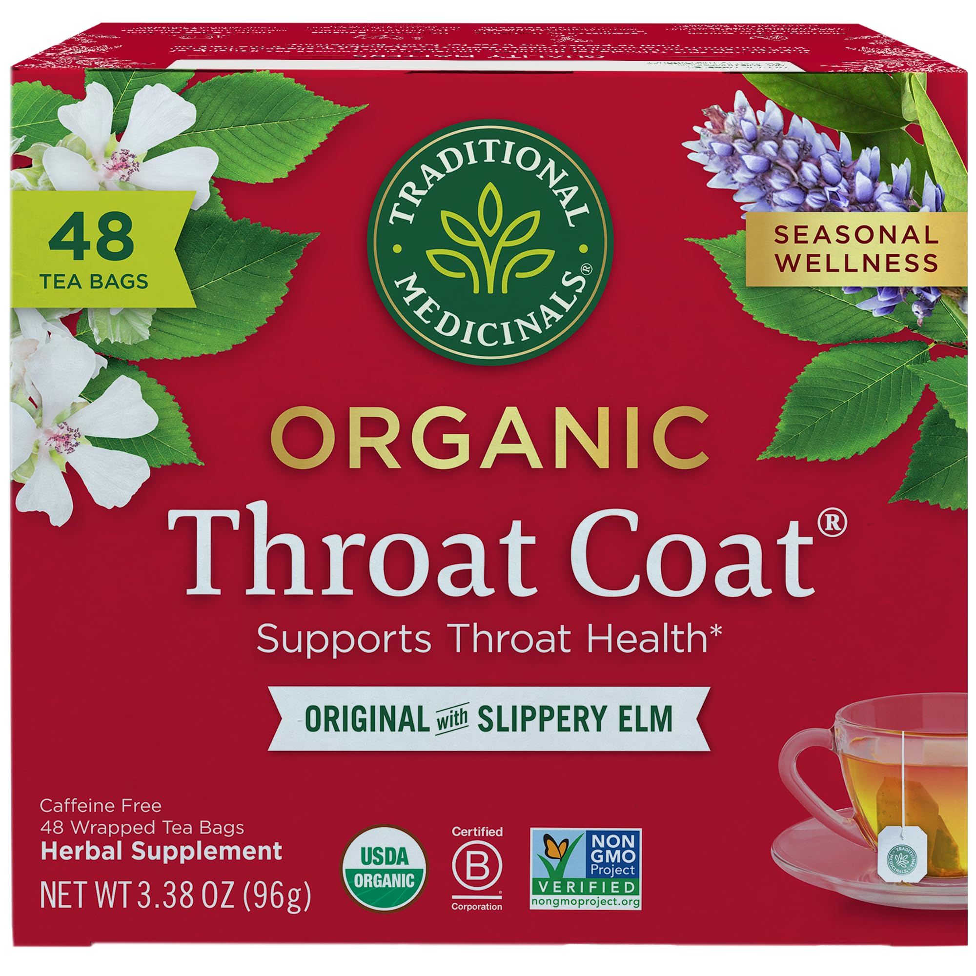 Traditional Medicinals Throat Coat tea box showing organic blend for throat support