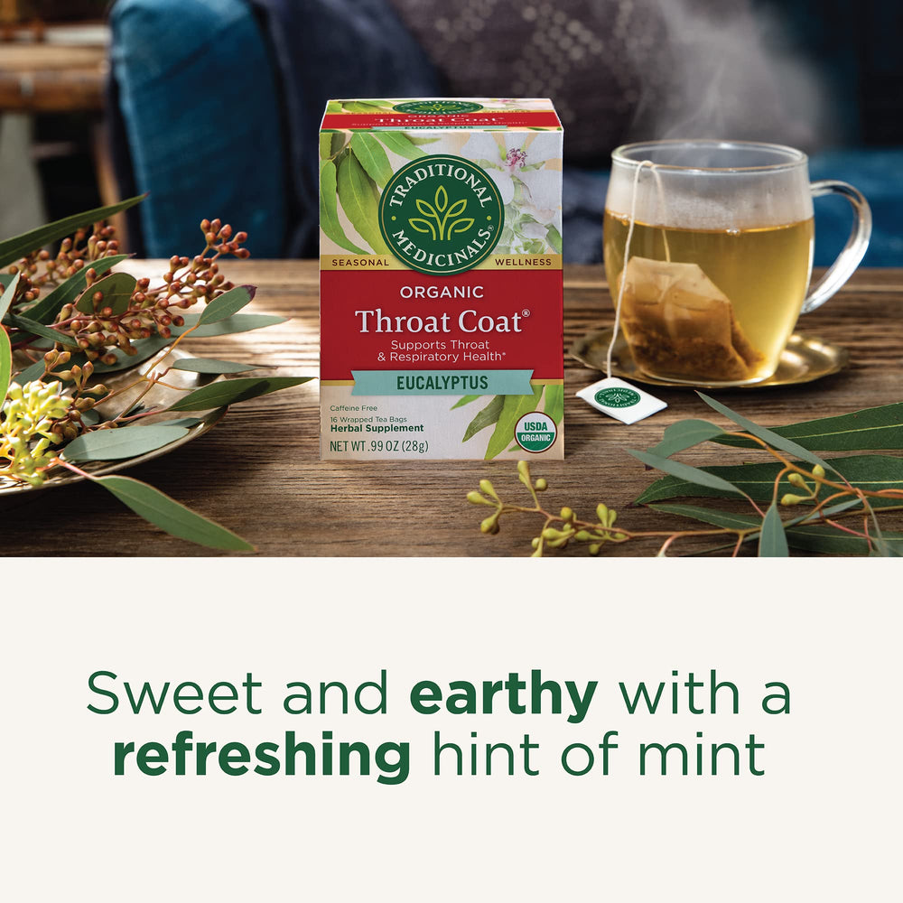 Traditional Medicinals Throat Coat Tea eucalyptus—refreshing, aromatic hint enhances seasonal throat comfort