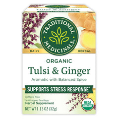 Traditional Medicinals tulsi ginger tea box ready for a calming ritual.