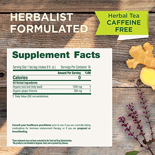 Traditional Medicinals tulsi ginger tea cup steeping for a soothing moment.