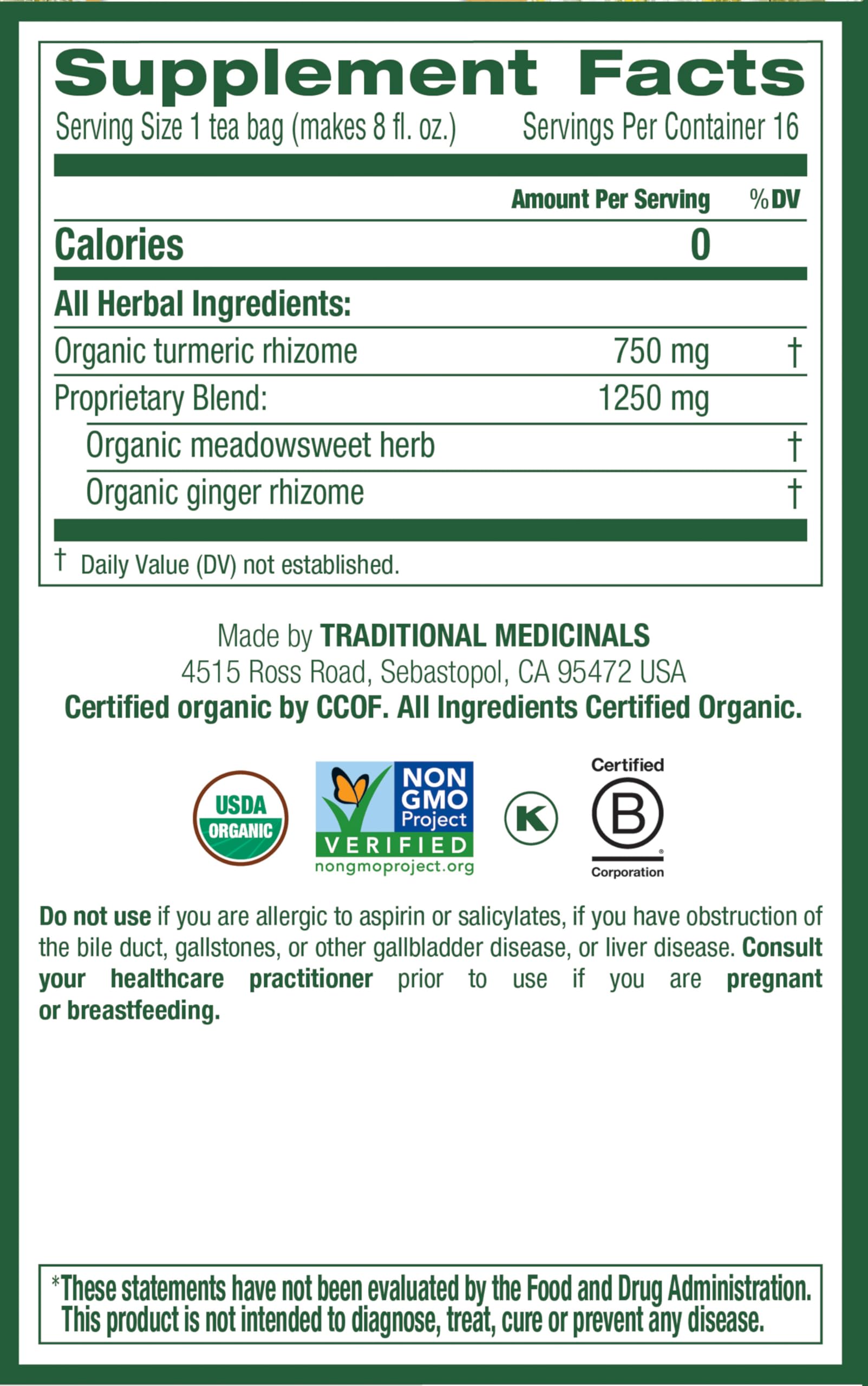 Traditional Medicinals turmeric tea ingredients close-up highlights turmeric, ginger, and meadowsweet