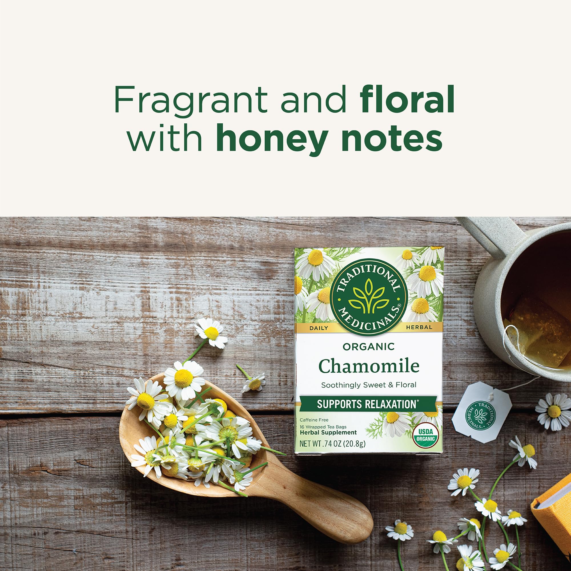 Traditional Medicinals USDA Organic seal on chamomile packaging indicating quality.