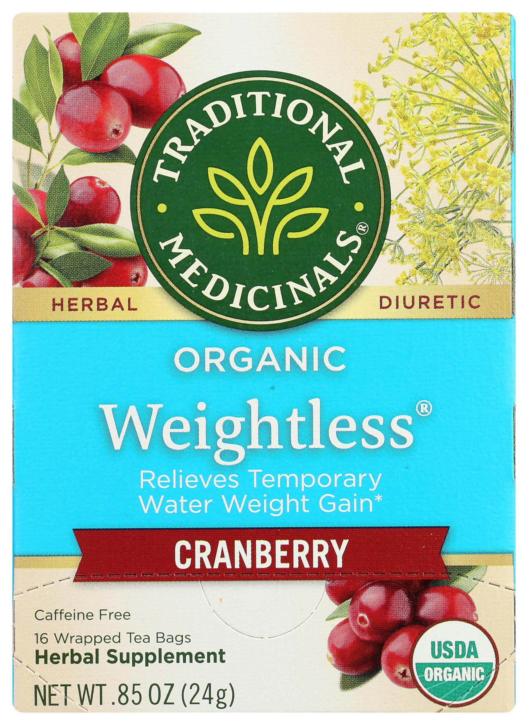 Traditional Medicinals Weightless Cranberry tea box, organic and caffeine-free option for a calming sip