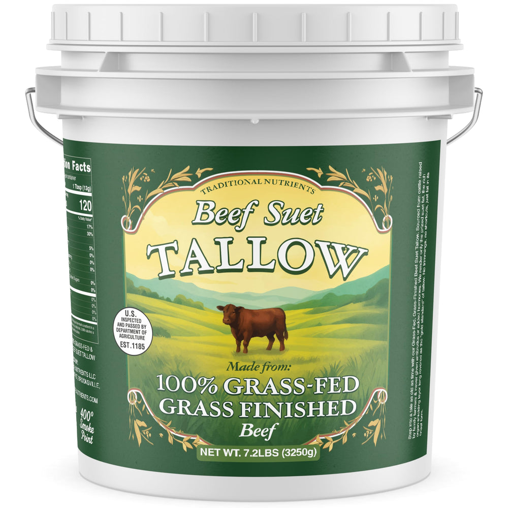Traditional Nutrients bulk beef tallow in 1-gallon container for high-heat cooking