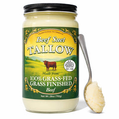 Traditional Nutrients grass-fed beef tallow bottle pour ideal for high-heat cooking