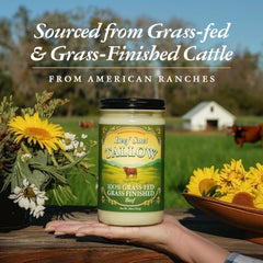 Traditional Nutrients grass-fed beef tallow in a kitchen setup for cooking